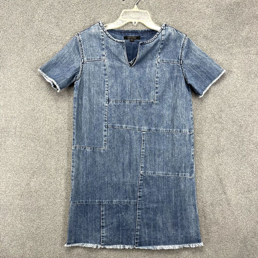 AllSaints Shirt Denim Dress Womens‎ 4 Blue patch v neck raw hem